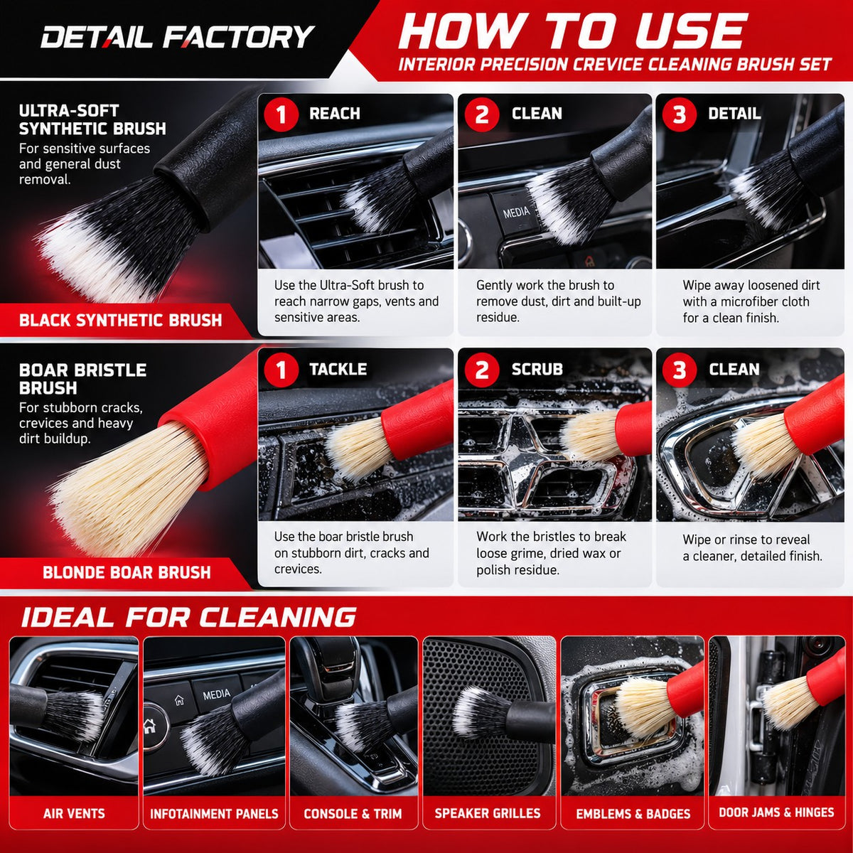Detail Factory Interior Precision Crevice Cleaning Brush Set Black Red