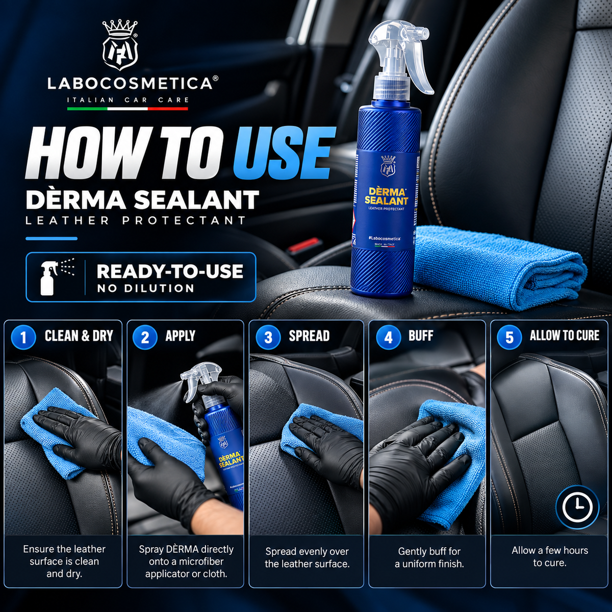 Labocosmetica DÈRMA Sealant Leather Nano Coating| Hydrophobic Leather Protection for Car Seats & Interior