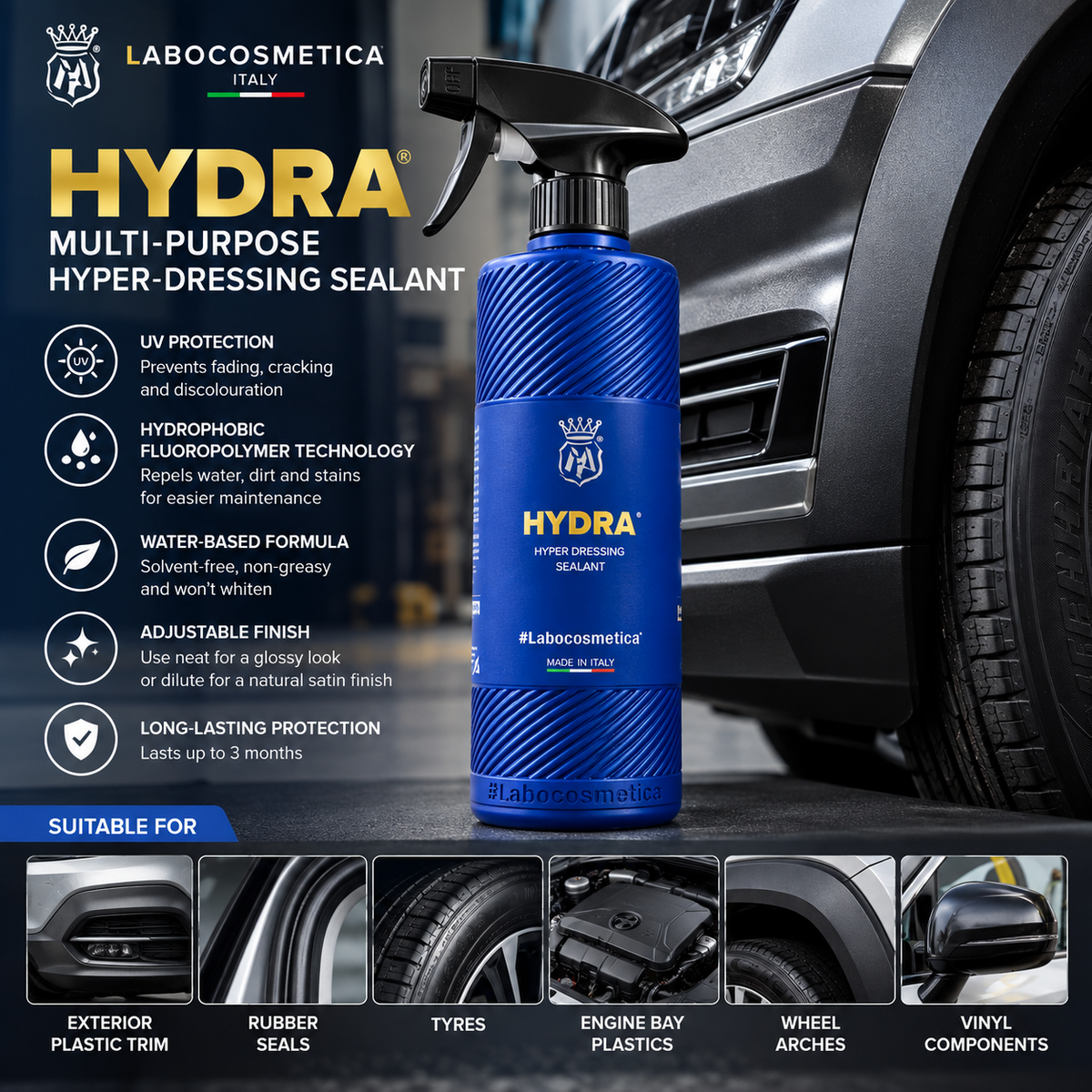 Labocosmetica Hydra Trigger Multi-Purpose Hyper-Dressing Sealant Spray for Plastic, Rubber & Exterior Trim | UV Protection