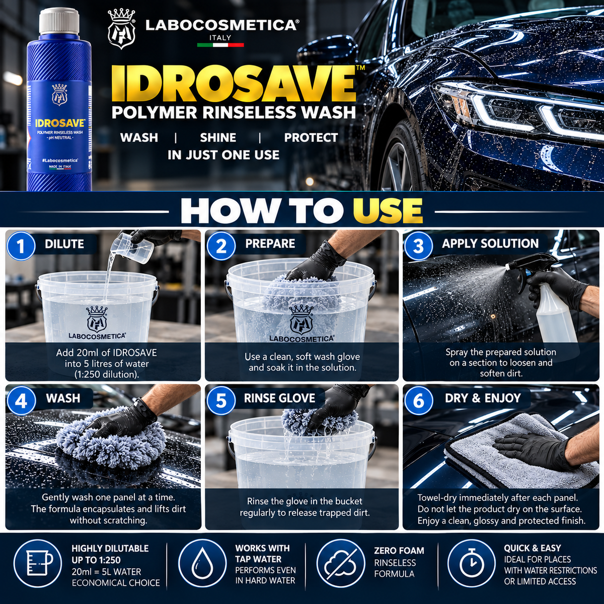 Labocosmetica Idrosave pH-Neutral Rinseless Nano-Sealant Wash & Protect Formula