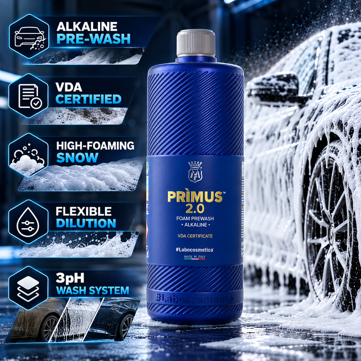 Labocosmetica PRÌMUS 2.0 Pre-Wash Car Shampoo | Alkaline Snow Foam for Stubborn Dirt Removal